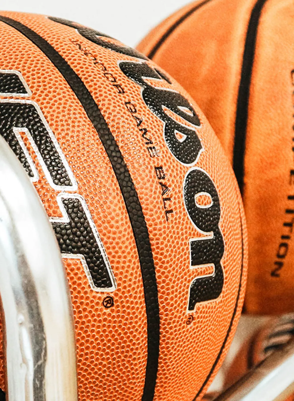 a rack filled with basketballs