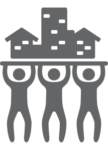 grey cartoon graphic of three adults lifing two houses and a skyscraper