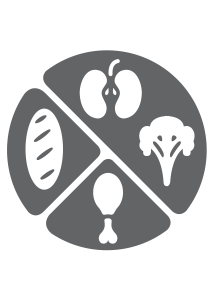 cartoon graphic of a plate with bread, apple, broccoli, and chicken drumstick