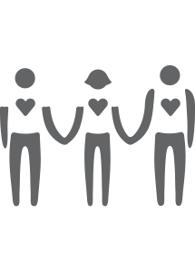 cartoon graphic of three adults with hearts on their shirts holding hands