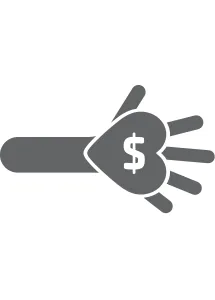 cartoon graphic of an outstretched hand holding heart with dollar sign