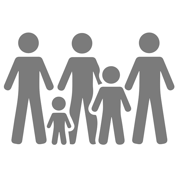 grey cartoon graphic of three adults and two children
