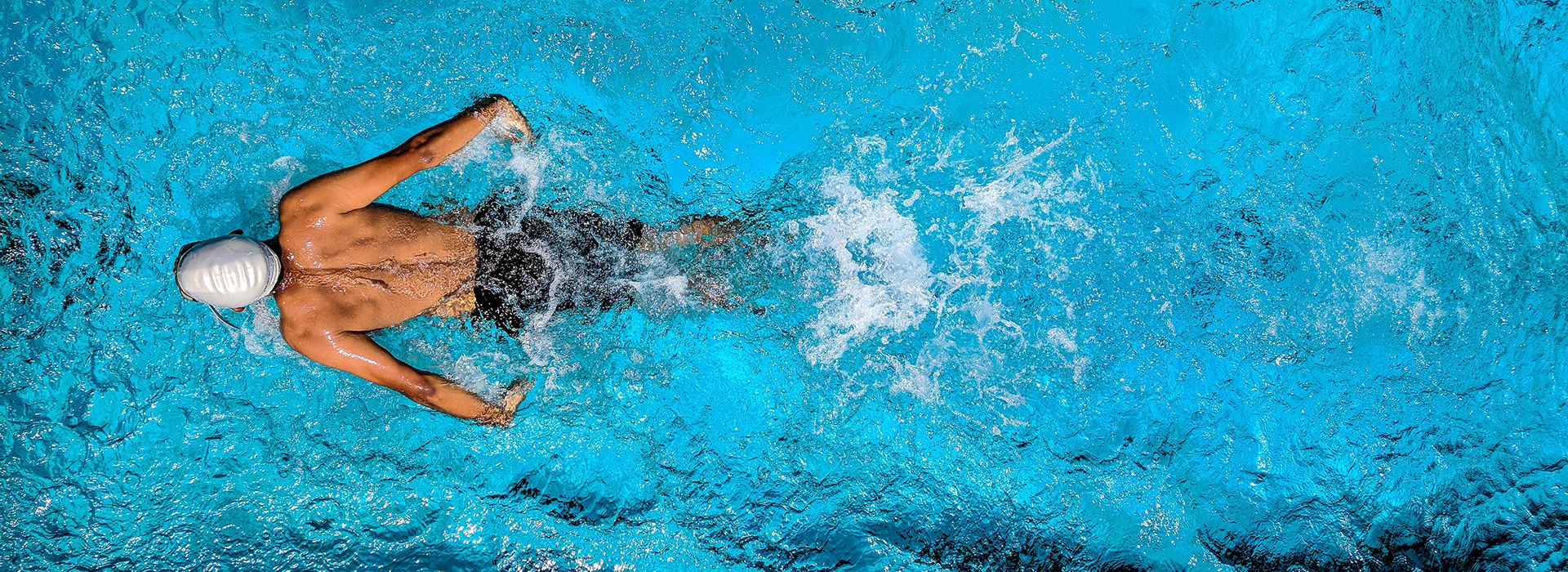 aerial view of a swimmer competitively swimming in a pool