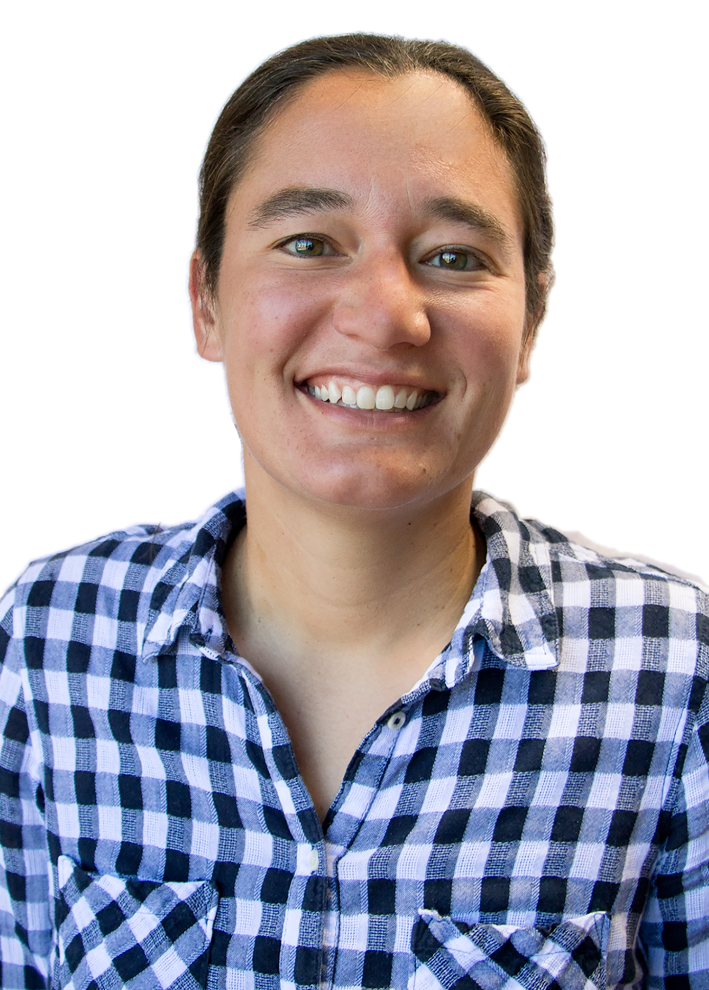 headshot of a smiling woman wearing a blue checked button up shirtwith two pockets. her brown hair is pulled back. the background is white.
