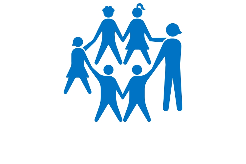 blue graphic of children and an adult standing in a circle on a white background