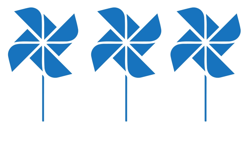 three blue pinwheel graphics on a white background