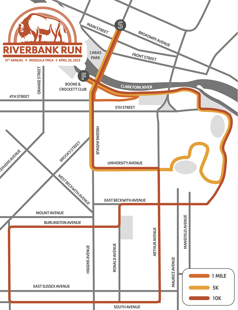 graphic layout of downtown missoula with routes for 1 mile, 5k, and 10k races