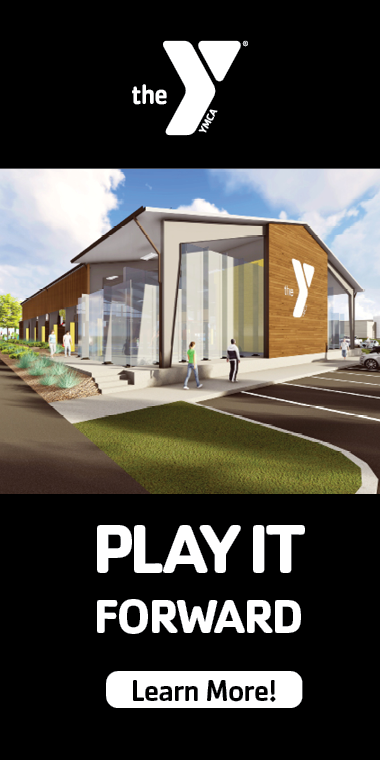 black box with graphic rendering of ymca's new covered court space. text in the black box says play it forward learn more. there is a white ymca logo. 