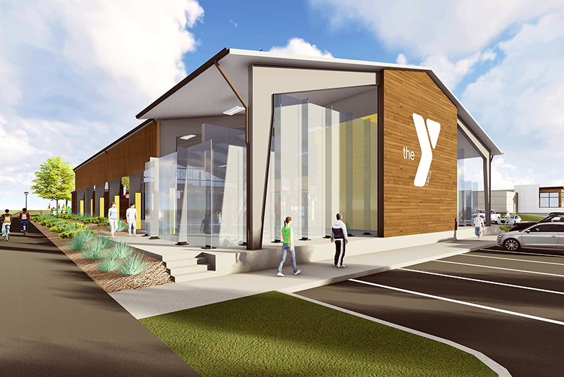 graphic rendering of a new ymca outdoor sports court with a roof, wood and glass walls, and a giant white Y.