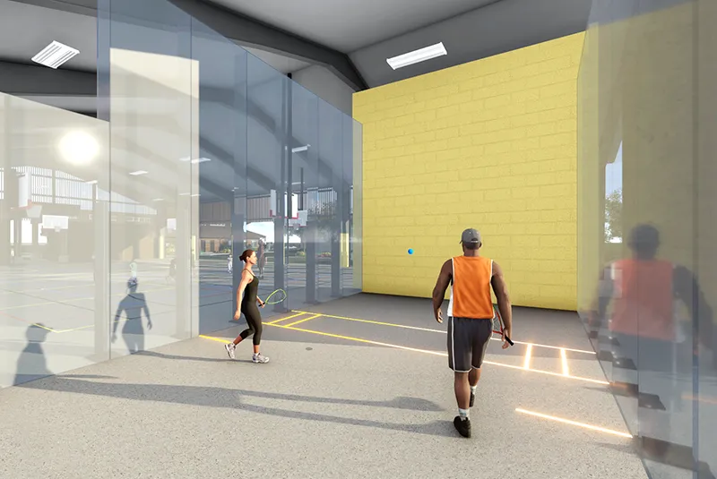 graphic rendering of two adults playing racquetball in a glass-walled court space. there is a yellow brick wall.