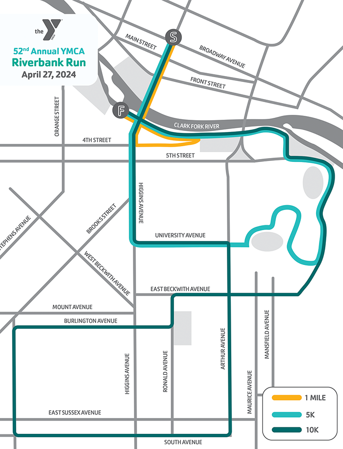 graphic layout of downtown missoula with routes for 1 mile, 5k, and 10k races of 2024 ymca riverbank run