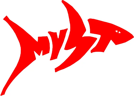 red ymca swim team logo spelling out MYST in the shape of a smiling shark
