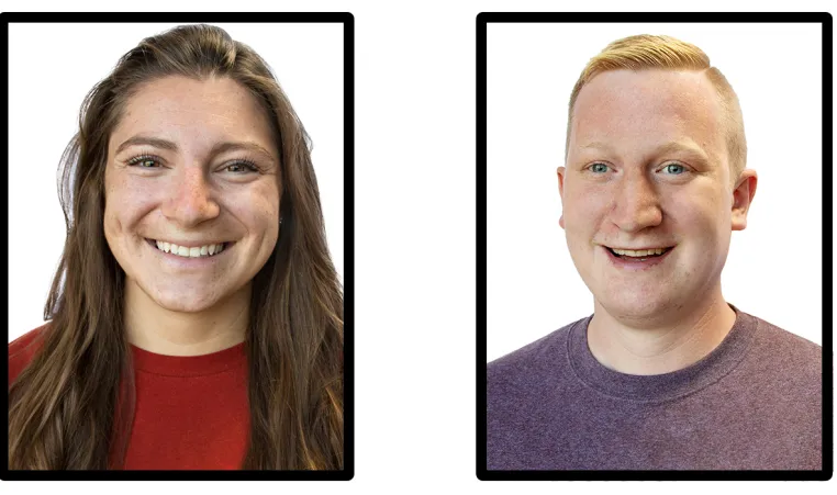 headshots of a woman with long brown hair and a man with short blonde hair