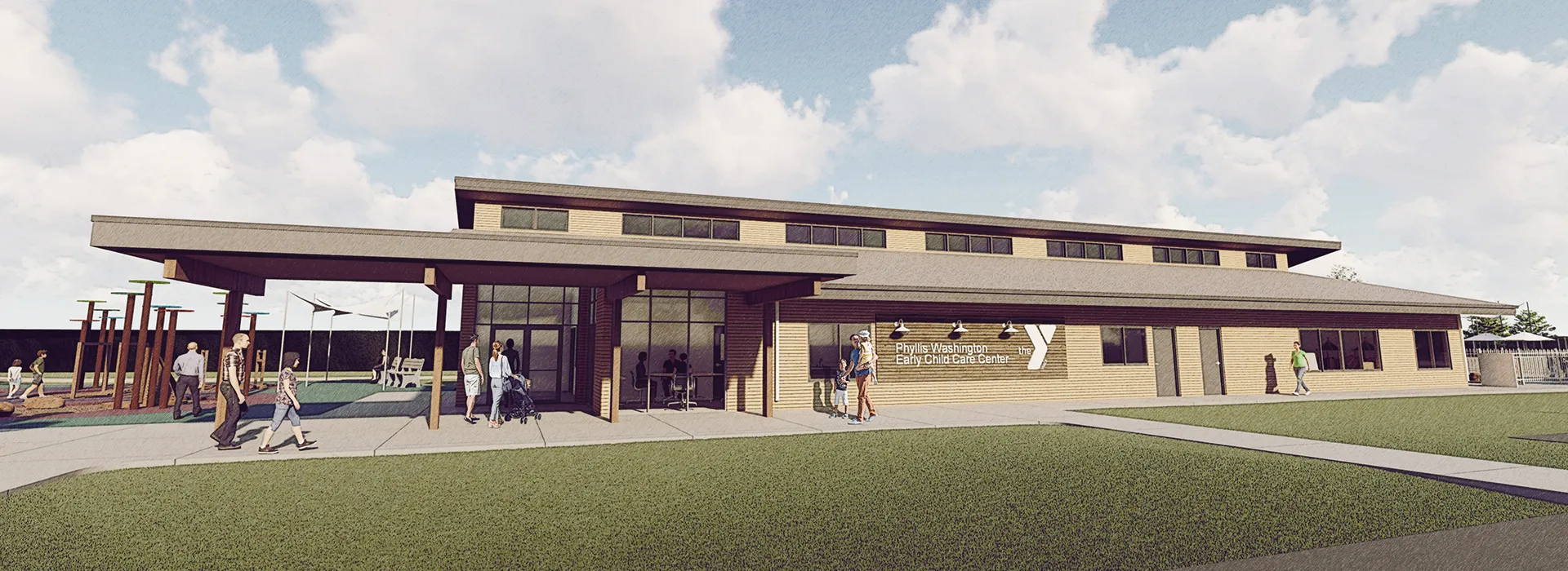 graphic rendering of the outside of the new missoula ymca child care center